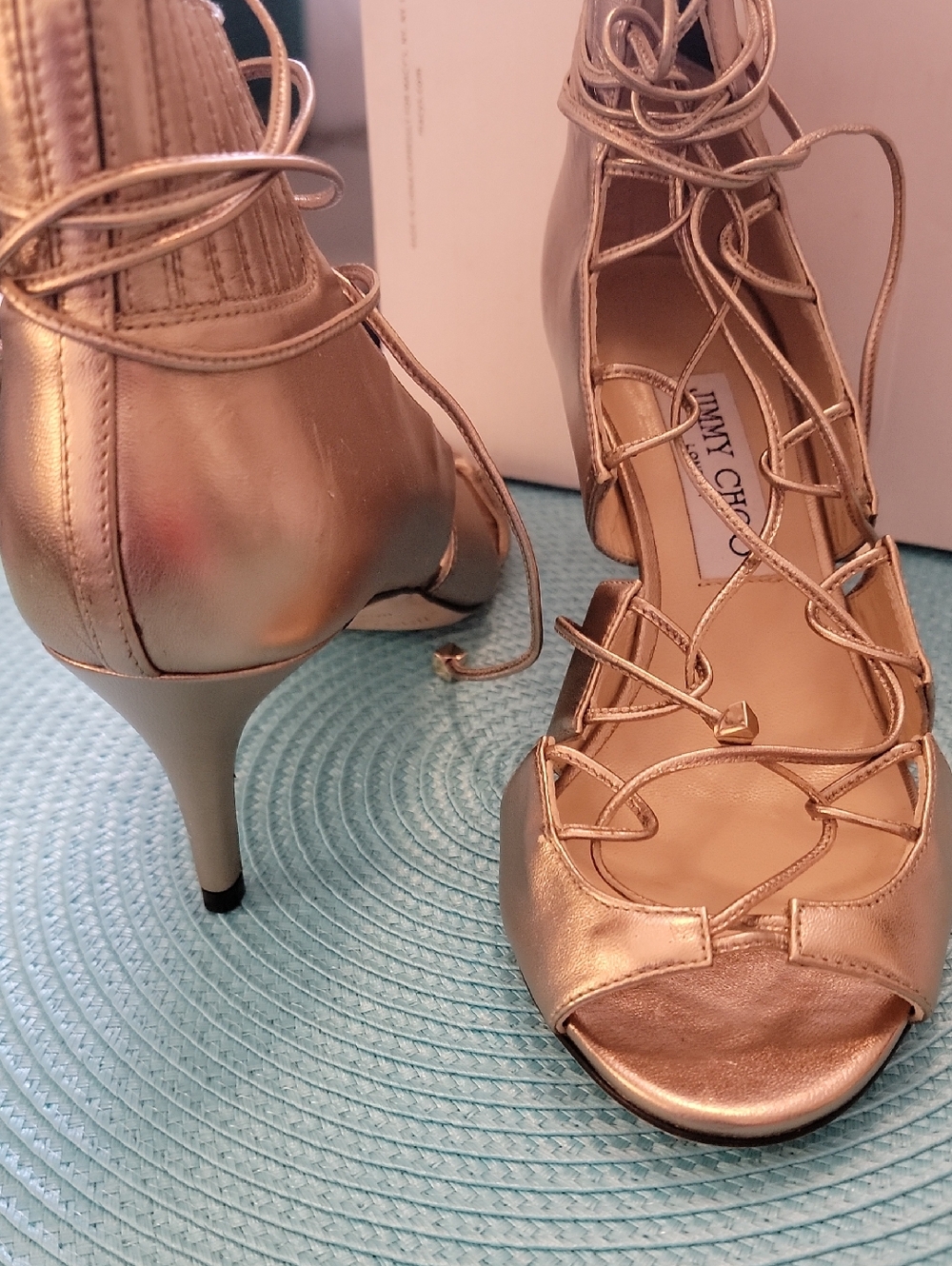 Jimmy Choo Metallic Rose Gold Lace-Up Heels